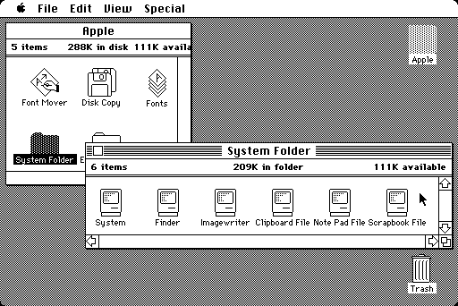 Ασπρόμαυρη επιφάνεια εργασίας Macintosh System 1.